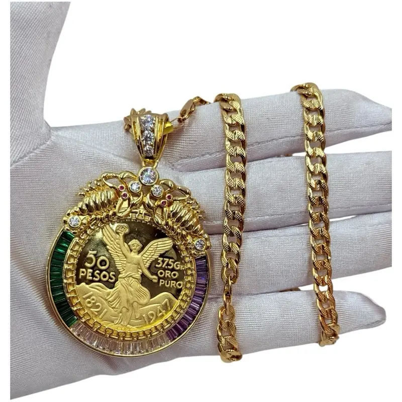 Centenario Chapada en Oro  Mexicano 50 Pesos Cadena Colgante CZ Oro 24" with Chain and Pendant necklace circle