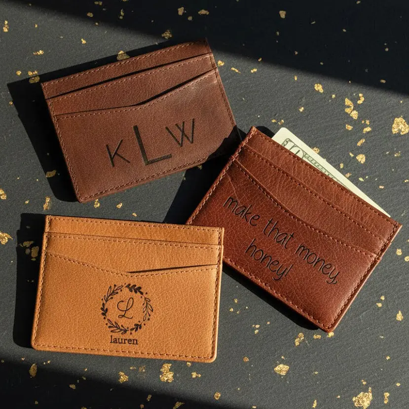 Personalized Leather Card Holder, Custom Engraved Slim Wallet Gift for Him and Her