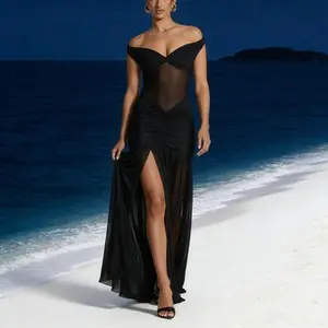 Summer Sexy Off-Shoulder Temperament Dress - Mesh Spliced Ruched Slit Maxi Gown for Women