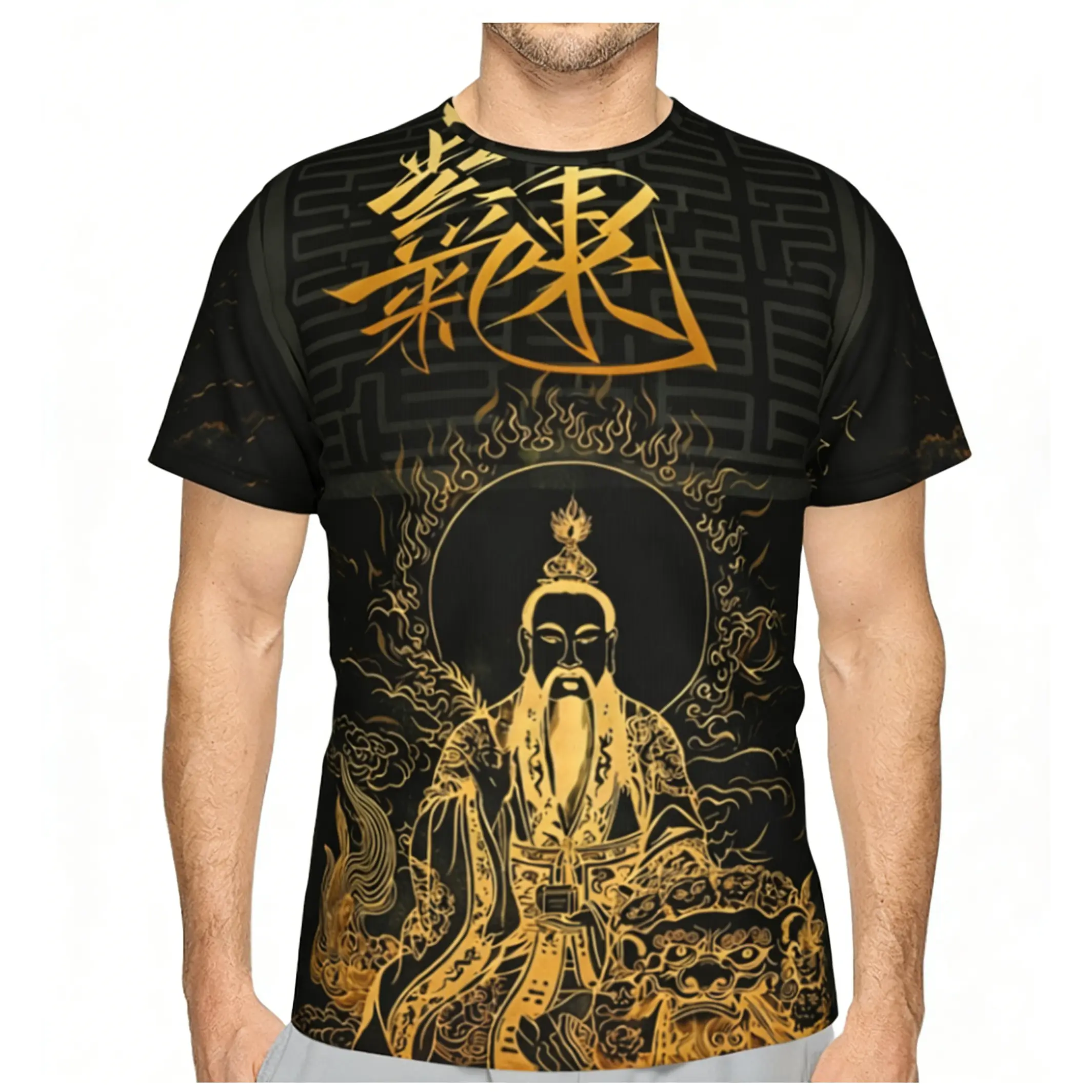 Men's Round Neck Short-Sleeve Graphic T-Shirt - Oriental Deity & Calligraphy Art All-Over Print, Traditional Asian Zen-Inspired Unisex Casual Streetwear Tops, T Shirts, Graphic T Shirts