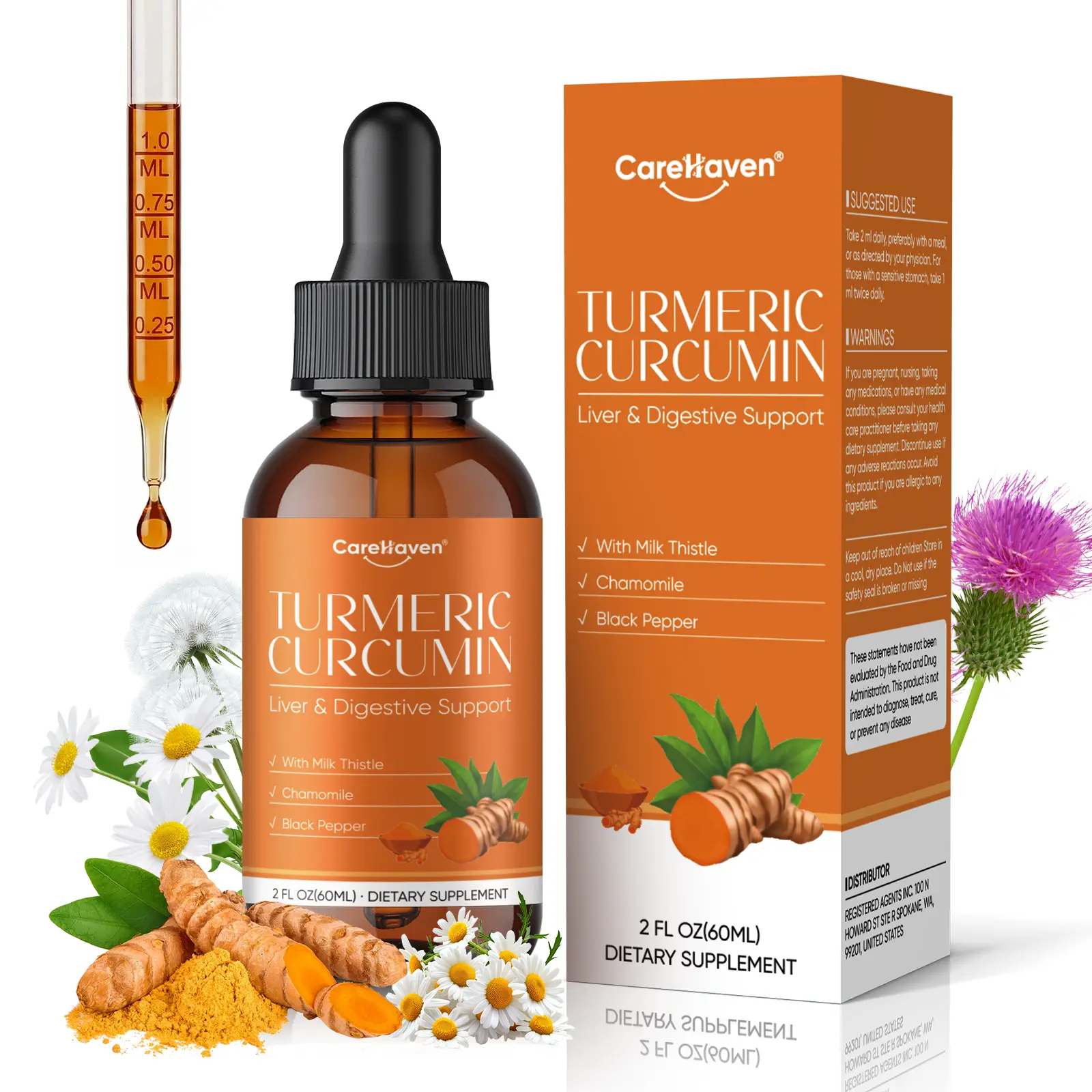 CareHaven Turmeric Curcumin & Milk Thistle Liquid Drops for Healthcare Liver Health Support, Herbal Blend with Dandelion, Chamomile, Black Pepper, Ginger, Orange Flavor, 2 fl oz