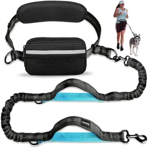 Hands Free Dog Leash for Running Walking Hiking | Adjustable Waist Belt with Removable Pouch | Dual Padded Handles Shock Absorbing Bungee Leash | Reflective Design for Medium Large Dogs