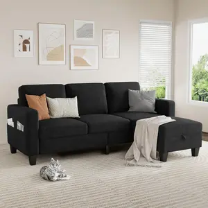 Sectional Sofa Couches for Living Room - Black 3 Seat L-Shaped Couch with Storage Ottoman, Comfy Velvet Convertible Sectionals Sofas with Chaise for Apartment, Office, Small Space