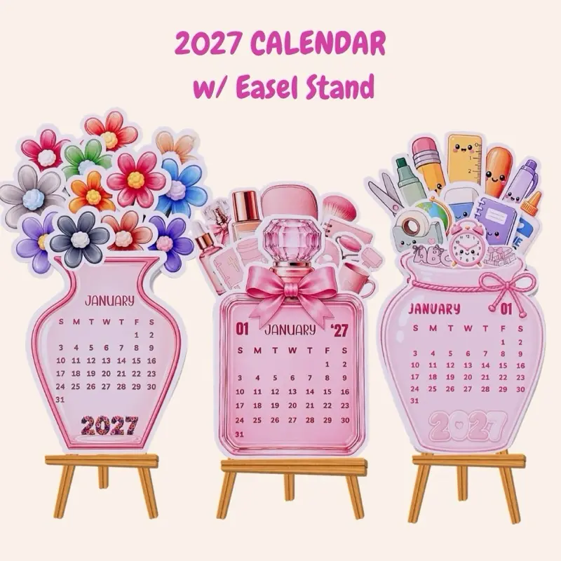2027 Collections Calendar with Wooden Easel Stand for office desktop, school, perfect for gifts this Christmas,year end party