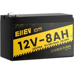 12V 8Ah Lithium Battery 4000+Cycles 12V LiFePO4 Battery Built-in BMS 5A Deep Cycle Lithium Iron Phosphate Rechargeable Batteries for Small UPS Power Wheels Fish Finder Ride-on Toy Camping
