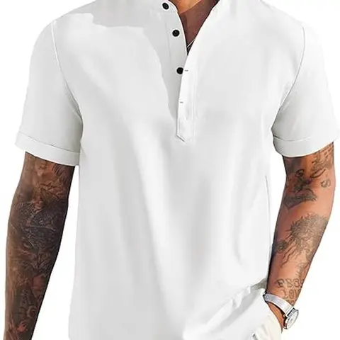 COOFANDY Men's Casual Shirt Short Sleeve Linen Shirt Band Collar Summer Beach Hippie T-Shirts Clothing Menswear
