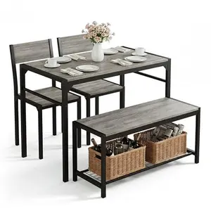 Loftiage Dining Table Set for 4 with Bench, 4 Pieces Kitchen Table and Chairs, Space-Saving Dinner Table for Kitchen, Dining Room, Apartment, Extra Storage, Sturdy Construction, Easy Assembly(Grey)