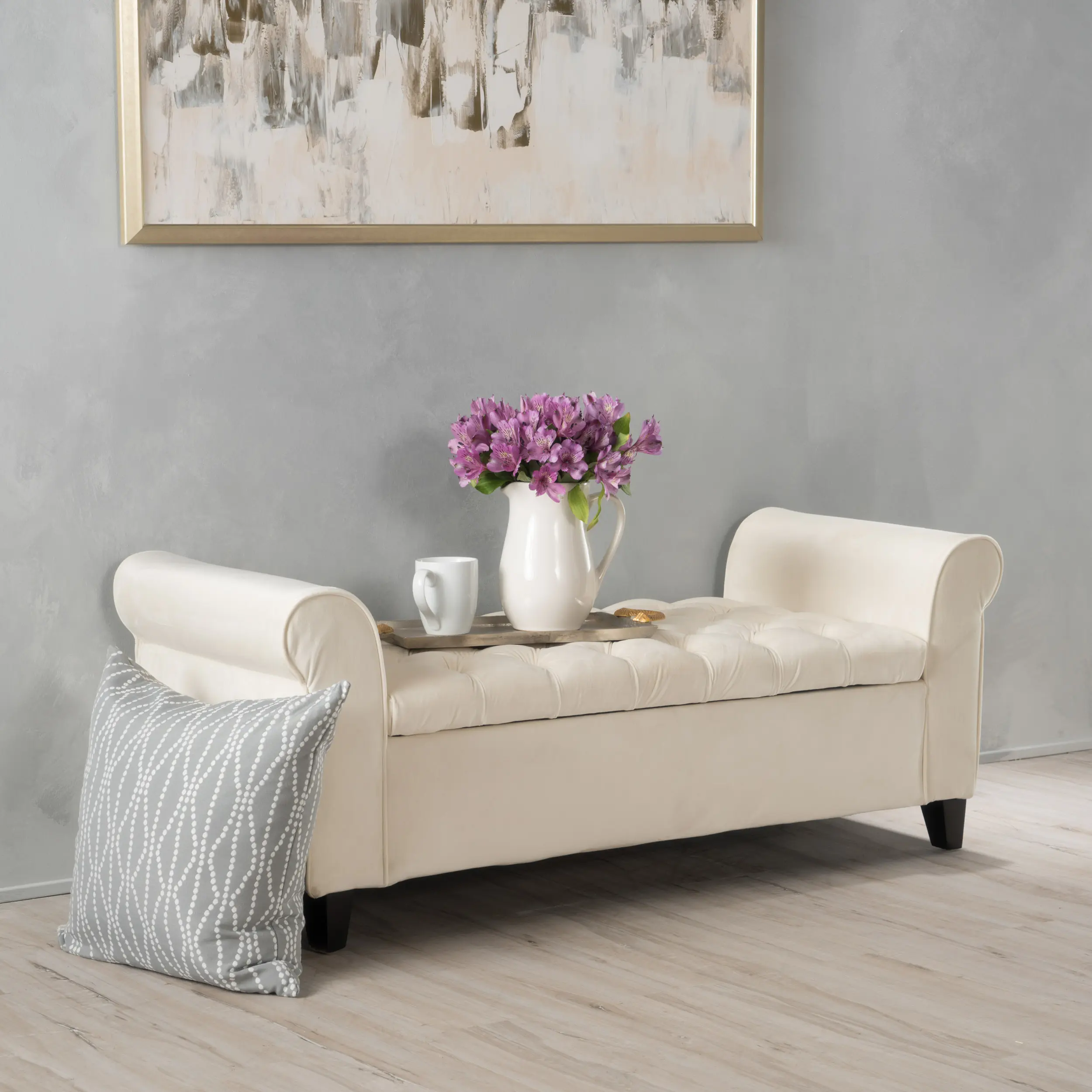 Bellemave Classic Ivory MDF+Fabric Storage Bench with Rolled Arms, 38 in Seat Width, Black Legs, Tufted Button Design, Counter Height Indoor Furniture for Living Room, Bedroom, Dual-Use Storage Benches, Stand-Alone Storage Benches