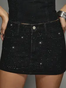 Hot Fix Diamante Embellished Denim Mini Skirt, Button, Glam Party Club Festival, Strapless Rhinestone Crystal Fitted Mini Dress, Seasonal Fashion Short Womenswear, Stretchy Denim Skirts, Stylish Bodycon Skirt