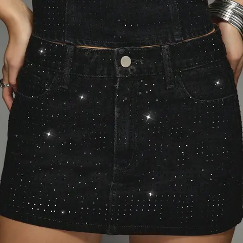 Hot Fix Diamante Embellished Denim Mini Skirt, Button, Glam Party Club Festival, Strapless Rhinestone Crystal Fitted Mini Dress, Seasonal Fashion Short Womenswear, Stretchy Denim Skirts, Aesthetic Fashionable Skirt