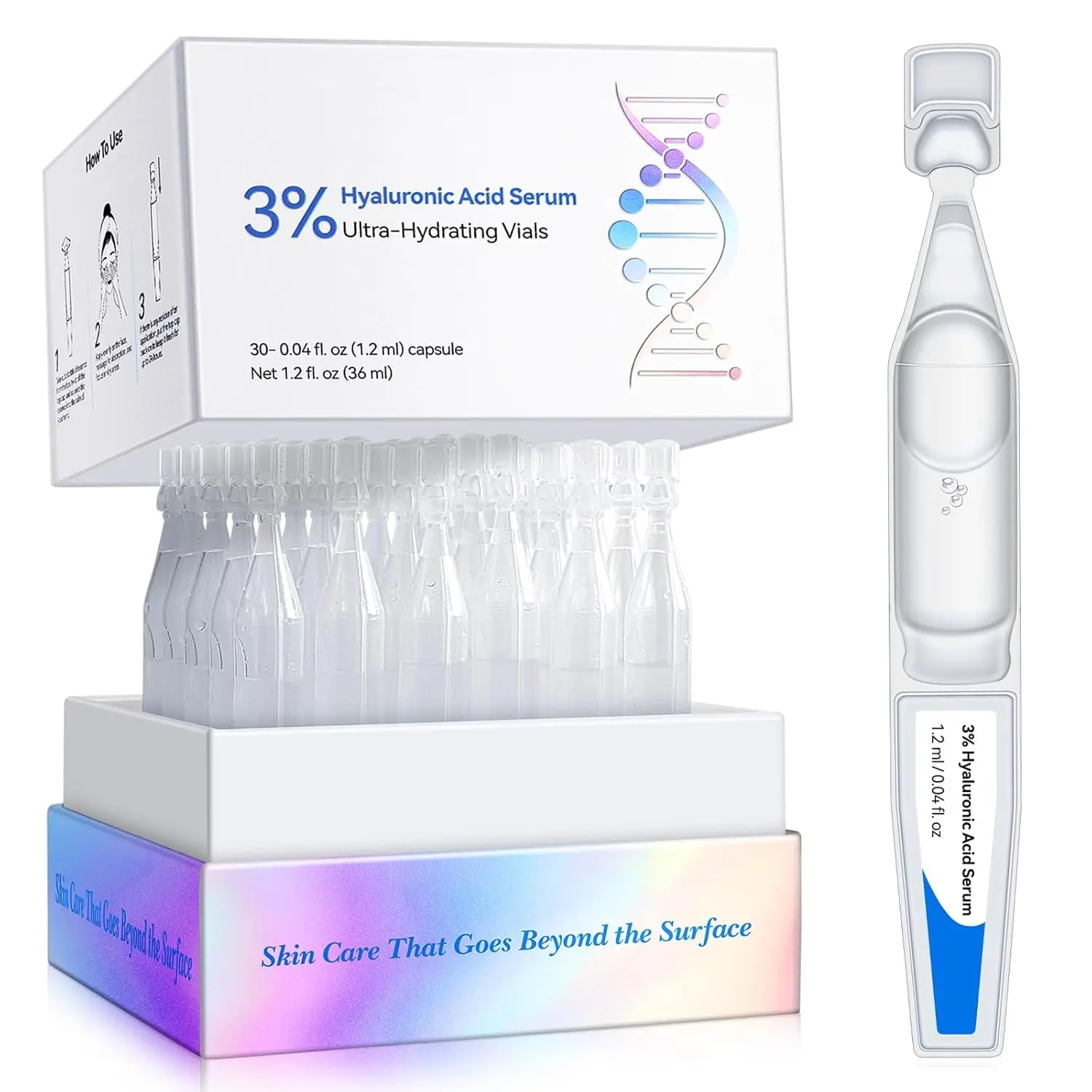 Hydrating Serum 3% Hyaluronic Acid Smoother Skin,Pre-makeup SkinCare,Hyaluronic Acid Tube Long-Lasting Hydration Simple Use, 3% Hyaluronic Acid Serum for Face(1.2ml)*30