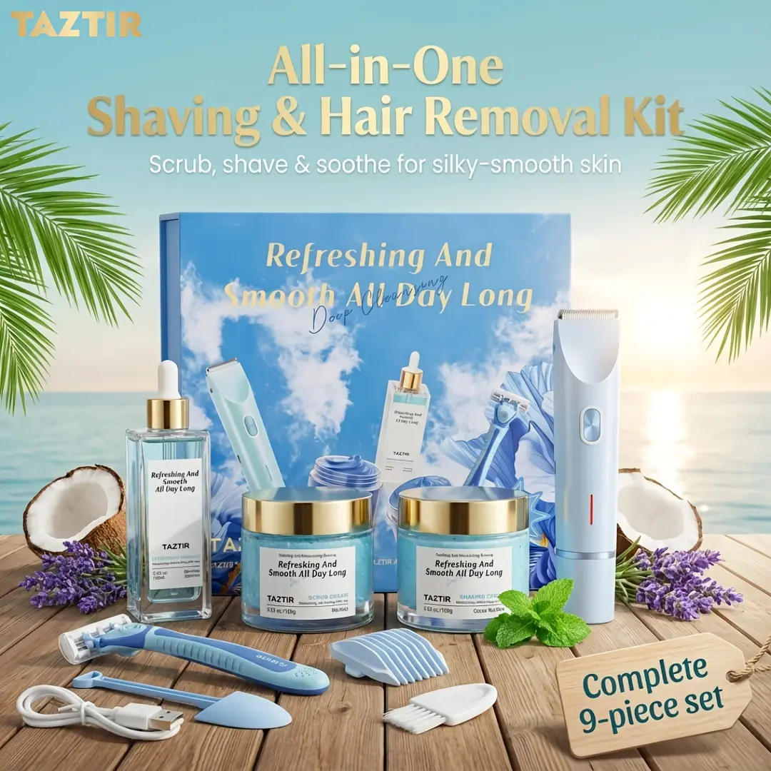 [9-in-1]TAZTIR Luxury Shaving & Body Care Beauty Products Kit - Dual-Head Electric Shaver, Manual Razor, Coconut-Scented Scrub, Hair Removal Cream, Pre-Shave Serum; Apply Cream Easily, Refreshing, Smooth Skin, Elegant Gift Box Packaging