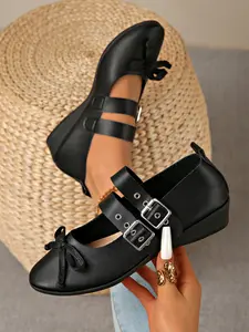 2026 Summer New Double Buckle Mary Jane Casual Shoes for Women, Vintage Bow Flat One Strap, Large Size, Export Single Shoe