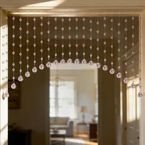 OSVINO Crystal Beaded Curtain for Doorways, 20 Strings Arch Door Beads, Hanging Room Divider Bead Curtains, No Drill Self-Adhesive for Bedroom Window Closet Entryway Home Decor, Pink