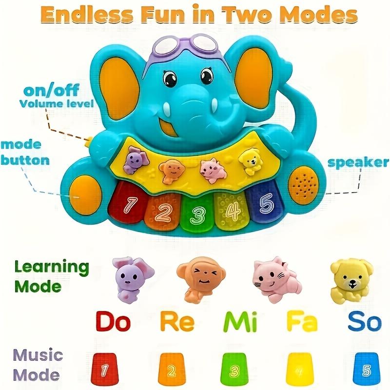 Interactive elephant musical toy, an educational piano with lights and sound effects for toddlers, safe touch play, helps children learn colors, the alphabet, and develop sensory skills.A Christmas and birthday gift (random colors, batteries not included
