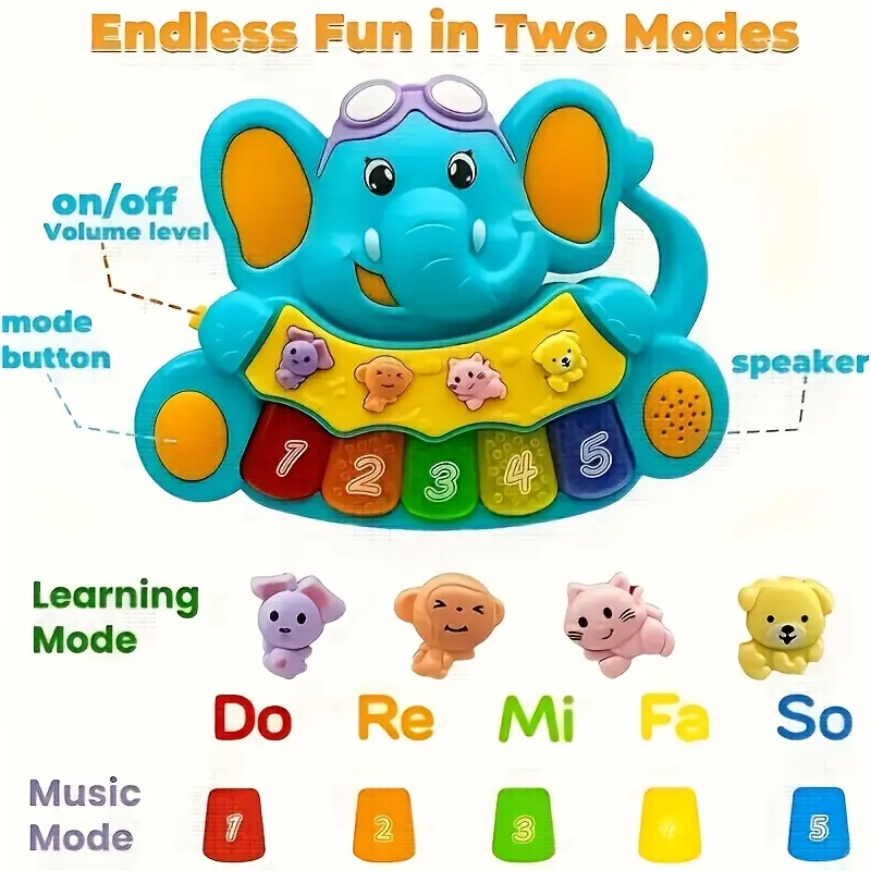 Interactive elephant musical toy, an educational piano with lights and sound effects for toddlers, safe touch play, helps children learn colors, the alphabet, and develop sensory skills.A Christmas and birthday gift (random colors, batteries not included