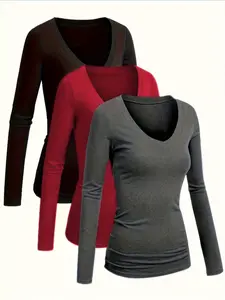 [Plus Size] Solid Color V Neck Tee, Casual Comfy Fitted Long Sleeve T-shirt for Fall & Winter, Women's Plus Clothing for Daily Wear, Top, Womenswear