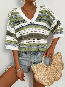 Women's Color Block Hollow Out V Neck Knit Top, Casual Fashion Top, Casual Loose-Fitting Short Sleeve Beach Sweater, Retro Style Wide Fit Blouse