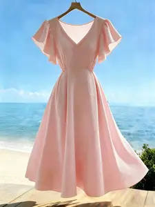 Women's V Neck Ruffle Slim Fit a Line Dress, Perfect for Spring Summer, Casual Vacation Fashion Dress, Stylish, Feminine, Chic and Comfortable, Casual wear, Womenswear