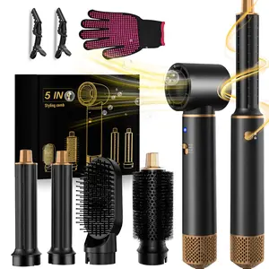 5-In-1 Hair Styling Brush Set with Gloves & Clips, 33,000 Rpm Hot Air Brush, Curling Iron, Straightener, Drying Smooth Tool, Thermal Brush Straightener