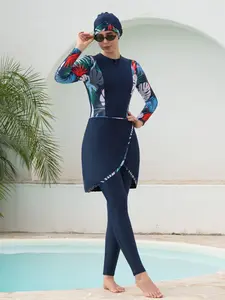 Women's Long Sleeve Plant Pattern Two-Piece Skirted Swimsuit Set, Conservative Middle Eastern Style Printed Bathing Suit for Summer Beach Vacation