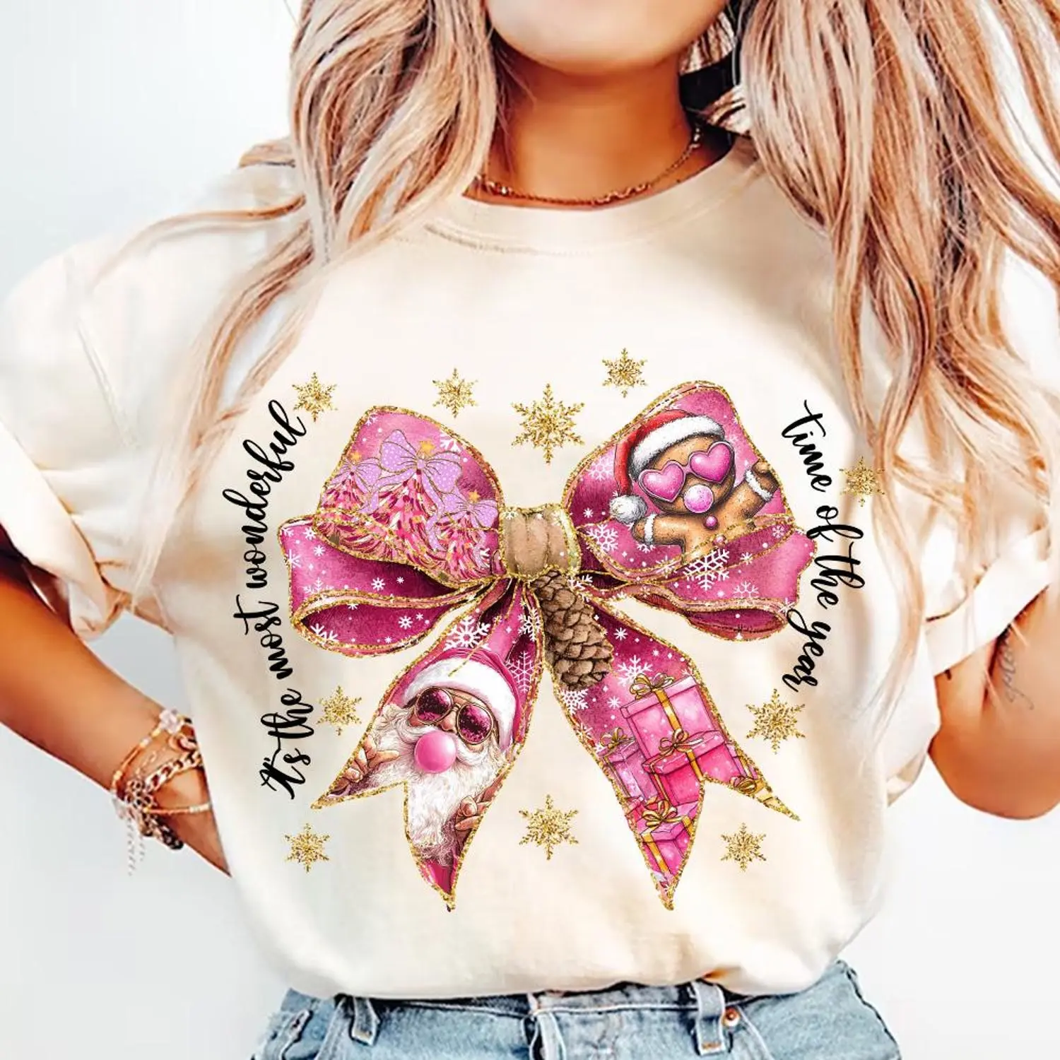 Glitter Christmas Shirt, Glitter Christmas Bow Sweatshirt, CoquetteChristmas Shirt, Gold Glitter Christmas Top, Girly Xmas Shirt 2Z