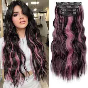 TOPHR HAIR Natural Black Pink Long Wavy synthetic hair extensions for Women & Girls - 4 Clips in Weft, Easy Install, Black Brown Curly Hairpieces for Daily Use & Events