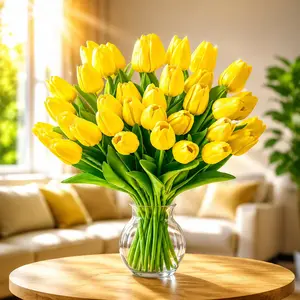 24PCS Real Touch Yellow Tulip Artificial Flowers, Faux Tulip Bouquet with Bendable Stems for Vase, Wedding & Home Decor