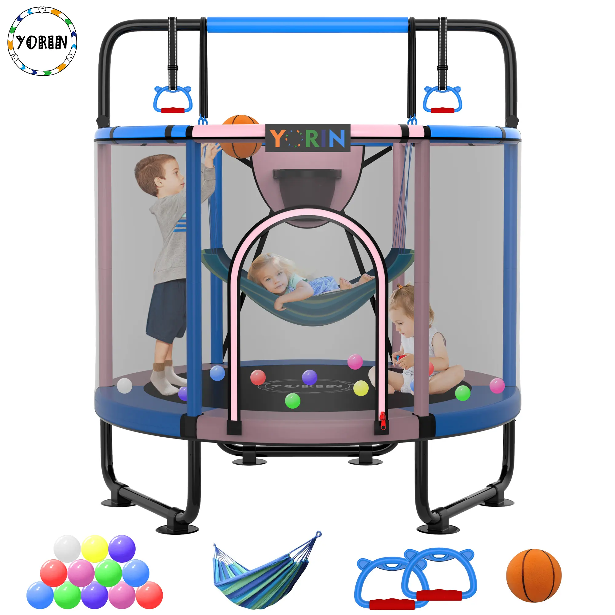 YORIN 5-in-1 Kids' Mini Trampoline, 55"/60"/66" Indoor-Outdoor Fun Play Center with Galvanized Steel Frame, Safety Enclosure, Swing Seat, Adjustable Gymnastics Bar