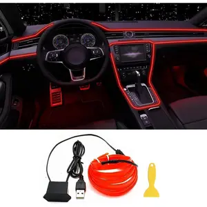 Wire Interior Car LED Strip Lights, 16.5FT USB Neon Glowing Strobing Electroluminescent Wire Strip with 6mm Sewing Edge, Ambient Lighting Kits for Car Home Decorations (Red)