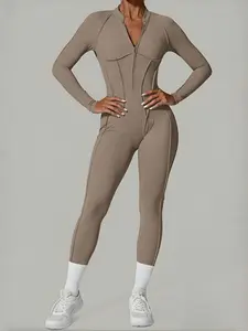 Women's Casual Tight-Fit Yoga Jumpsuit, Sporty Comfy Jumpsuit, Half-Zip Long Sleeve Backless Gym, Above Ankle Length All Season Wear