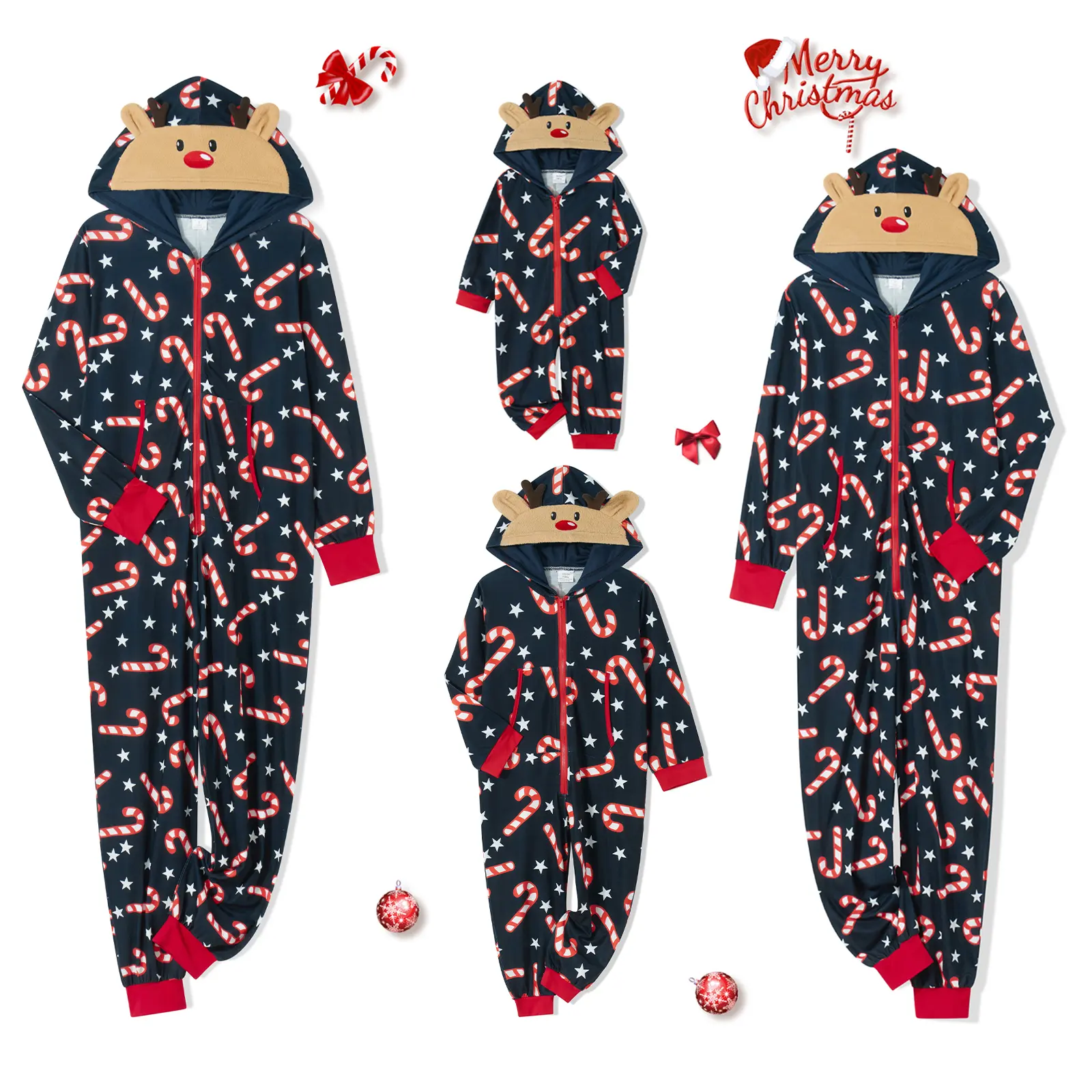 Family Christmas Pajamas Matching Sets, Xmas PJs Mathching Set, Holiday Family Sleepwear Sets Long Sleeves Onesies Candy Cane Print Jammies