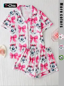 Women's Football Heart Bow Print Matching Pajama Set, Valentine's Day Pjs, Pyjamas, Collared Button Short Sleeve Top & Comfortable Elastic Shorts, Loungewear, Pajamas Lounge Set