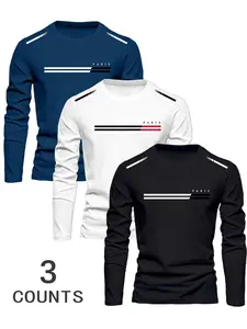 Men's 3-Piece Knit Paris Letter Print Crew Neck Long Sleeve T-Shirt Set, Sporty Round Neck, Sportswear Set, Casual Outdoor Spring & Fall Running Jogging Wear