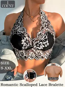 Floral Lace Halter Bralette – Backless Deep V Crop Top with Scalloped Trim for Night Out & Lingerie