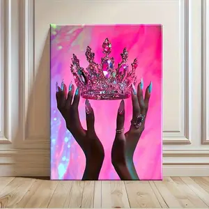 Canvas Painting, African American Girl Black Person Raising Hands Pink Rose Golden Crown Canvas Painting Recommend The Most Suitable Products To You, Home Decor Art, Pattern Wall Art Decoration,