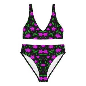 Purple Floral Recycled High-Waisted Bikini - Vibrant Blossom Pattern Eco-Friendly Swimsuit