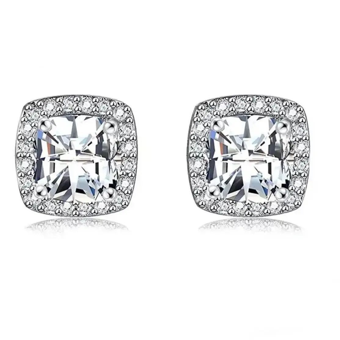 18K White Plated Round Square Cubic Zirconia Simulated Artificial Diamond Halo Stud Earrings