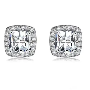 18K White Plated Round Square Cubic Zirconia Simulated Artificial Diamond Halo Stud Earrings