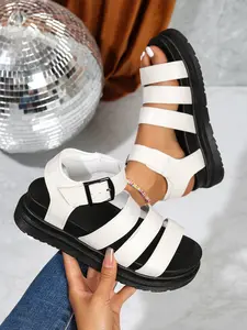 Women's Solid Color Wedge Sandals, Height Increasing Leather Sandals, Strap Sandals, Comfortable Summer Beach Shoes, Work & Daily Wear