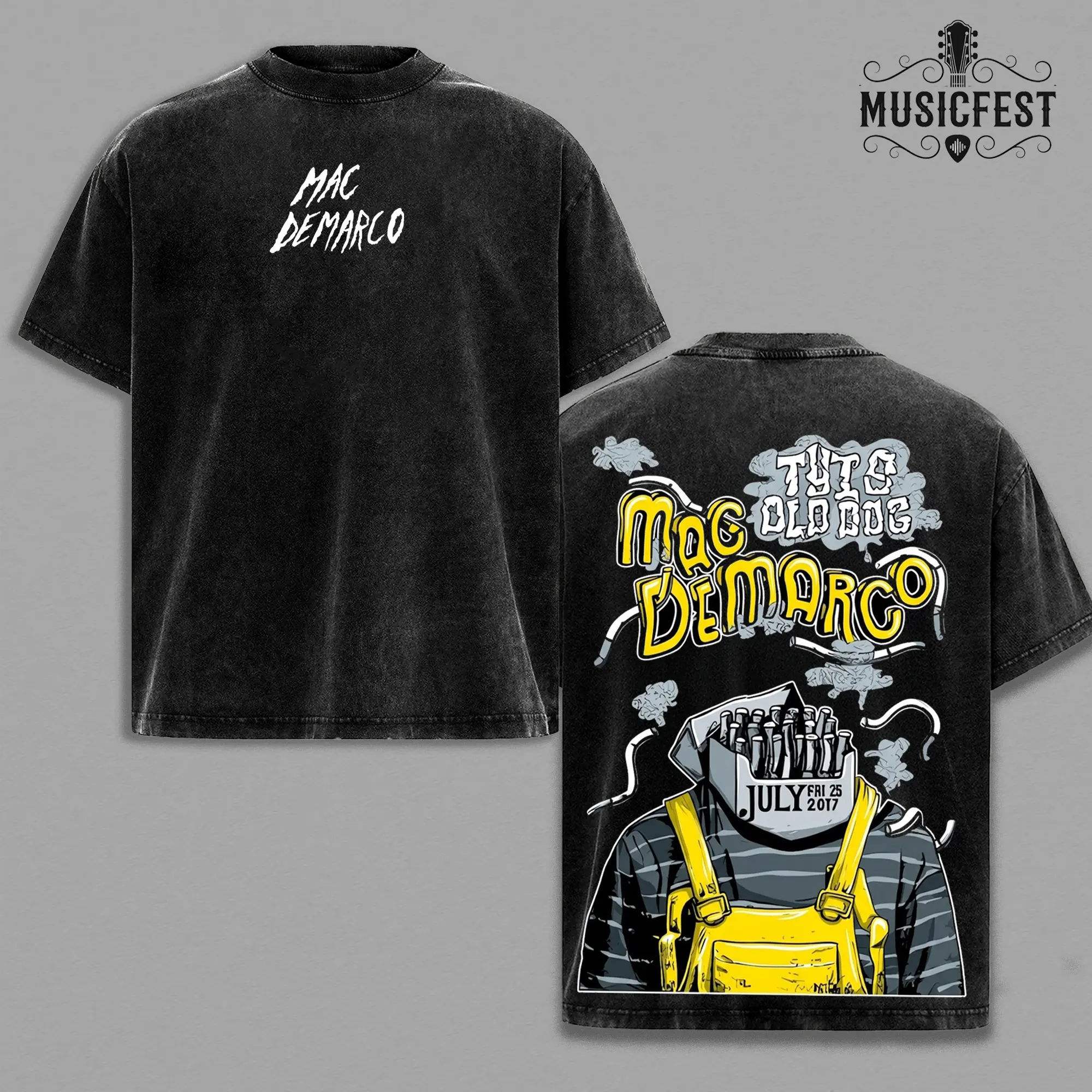 Mac DeMarco Album Merch Sun Faded Wear, Cartoon Doodle Yellow Graphic Loose Fit Oil Wash Piece, Mineral Wash Premium Blank, Distressed Aesthetic Oversized Tee Top