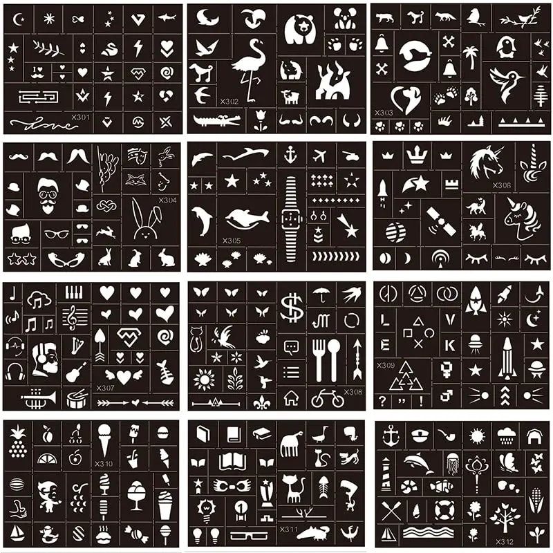 296pcs Temporary Tattoo Stencils for Kids, 12 Sheets Face and Body Paint Stencils Kit Girls Boys Glitter Tattoo Stencil for Kids Airbrush Templates School Show Birthdays Body Art Paint