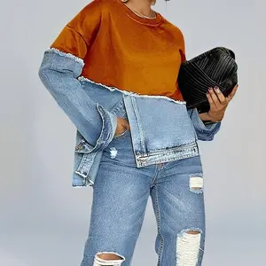 Women’s vibrant color-block sports top paired with denim patchwork | fringed style | fashionable street style