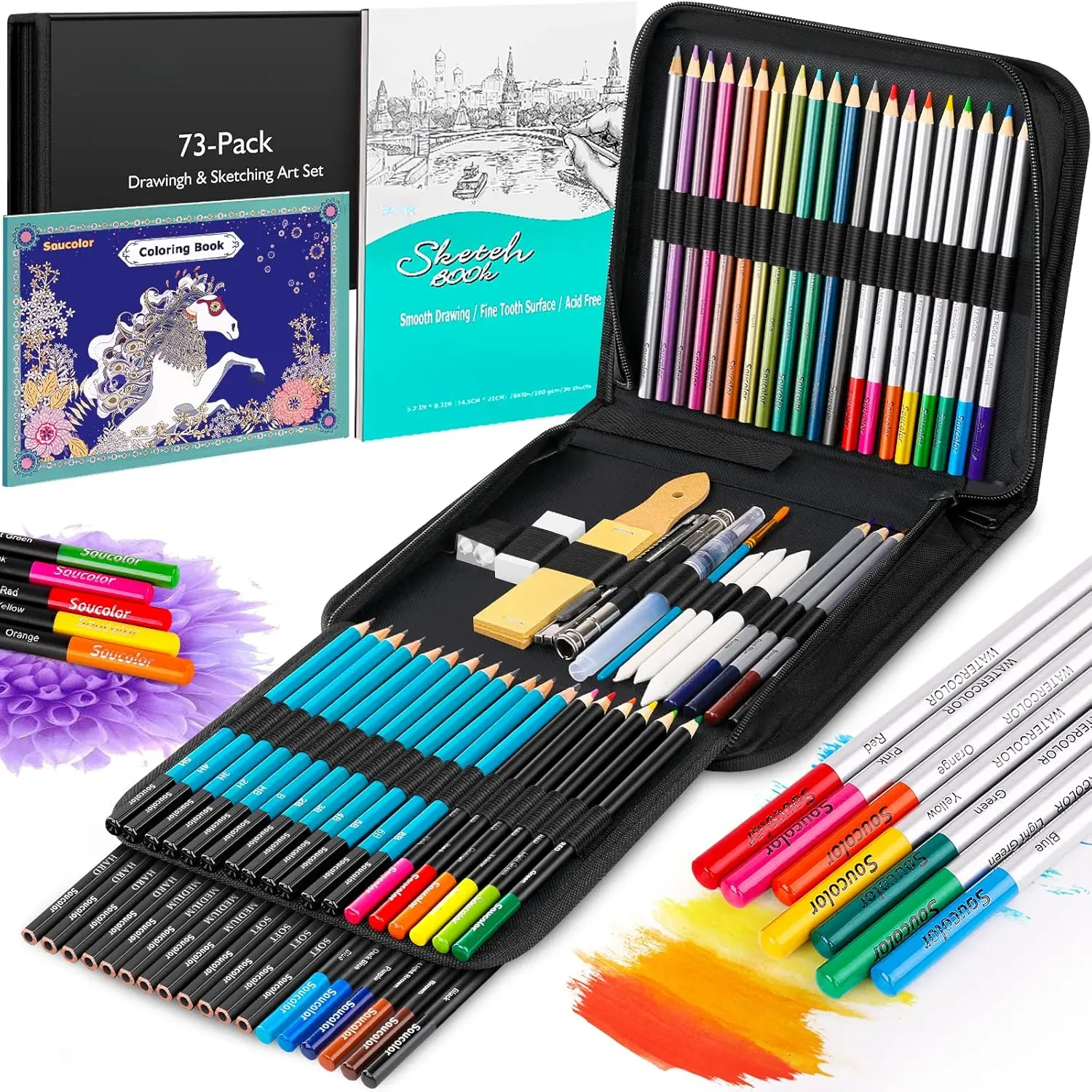 73 Pack Art Supplies Sketching Kit for Adults Artist Gifts, School Supplies, Drawing Sketching Pencils with Sketchbook, Coloring Book, Colored Watercolor Metallic Graphite Charcoal Pencils