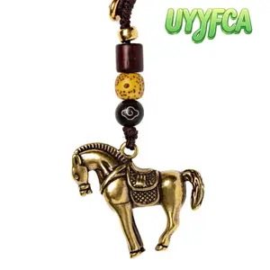 1pc Chinese Brass Year of the Horse Zodiac Keychain, Traditional Chinese Auspicious Lucky Charm Pendant with Hand-Woven Beaded Cord, Horse Ornaments Auspicious Horse to Success Feng Shui Protection Ornament for Car Keys, Rearview Mirror, Bags Purses