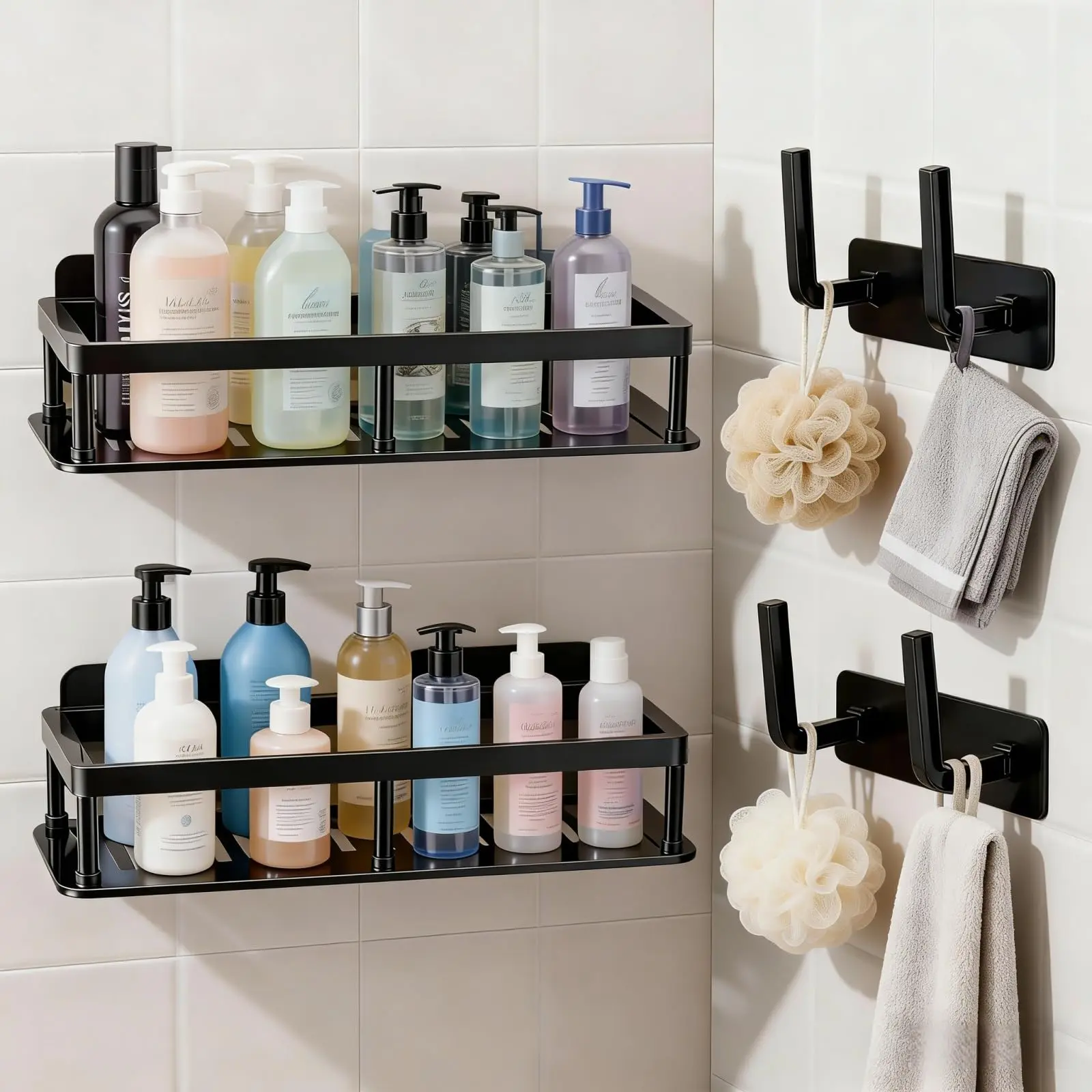 Adhesive Shower Caddy, 4-Pack Black Self-Adhesive Bathroom Shelves with Hook Racks, Large-Capacity No-Drilling Bathroom Organizers and Storage for Home Decor