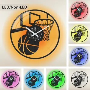 LED Record Style Wall Clock, Vinyl Design, Thick Tempered Glass, Basketball Frame, Optional LED Color Lighting, Home Decor Gift