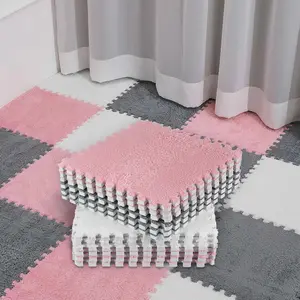 18 Pcs Plush Foam Floor Mat Square Interlocking Carpet Tiles with Border Fluffy Play Mat Soft Climbing Area Rugs for Home Playroom, 12 x 12 x 0.4 in(White, Pink, Gray)