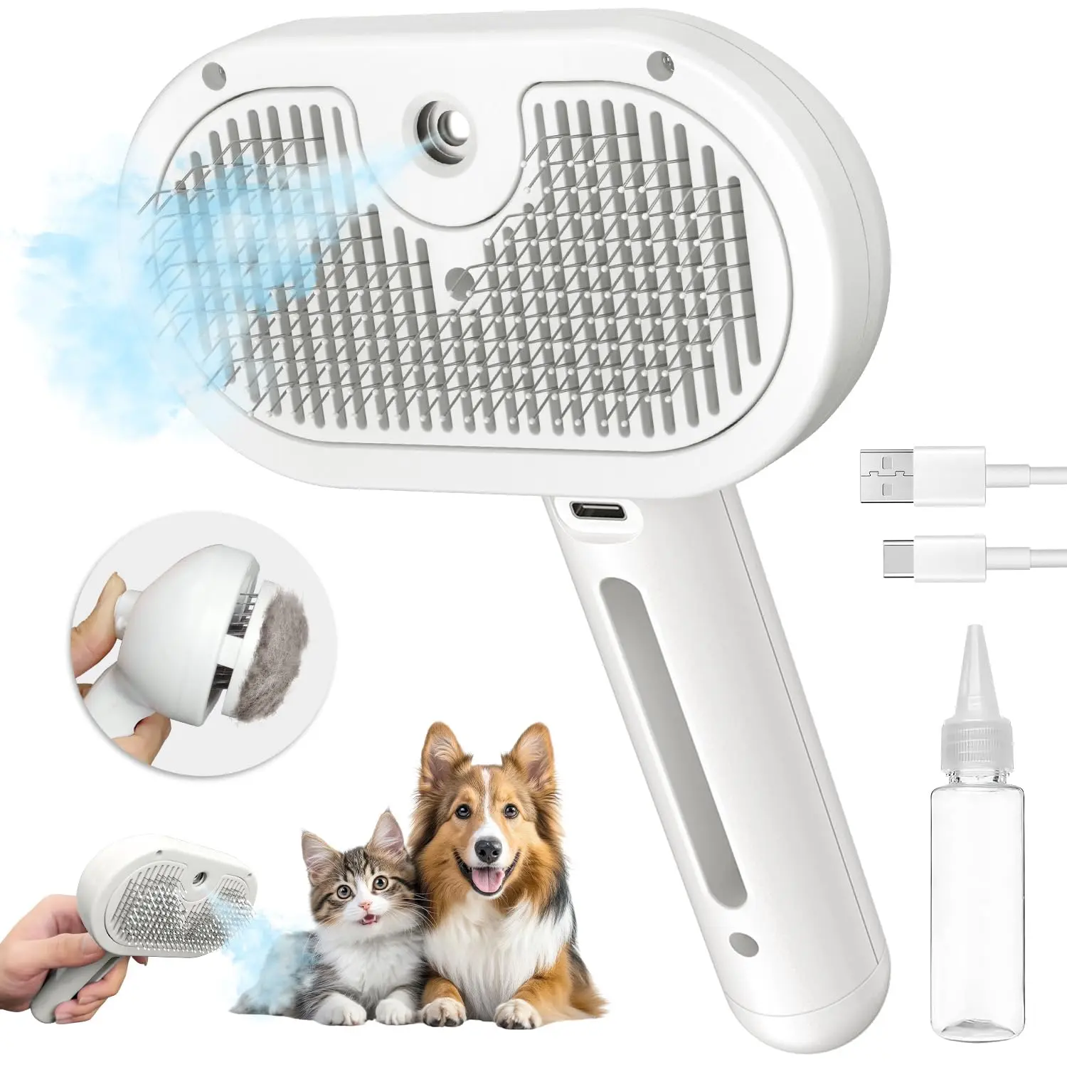3-in-1 Self-Cleaning Steam Deshedding Tool - Cat & Dog Grooming Brush, Suitable for Long & Short Hair, White