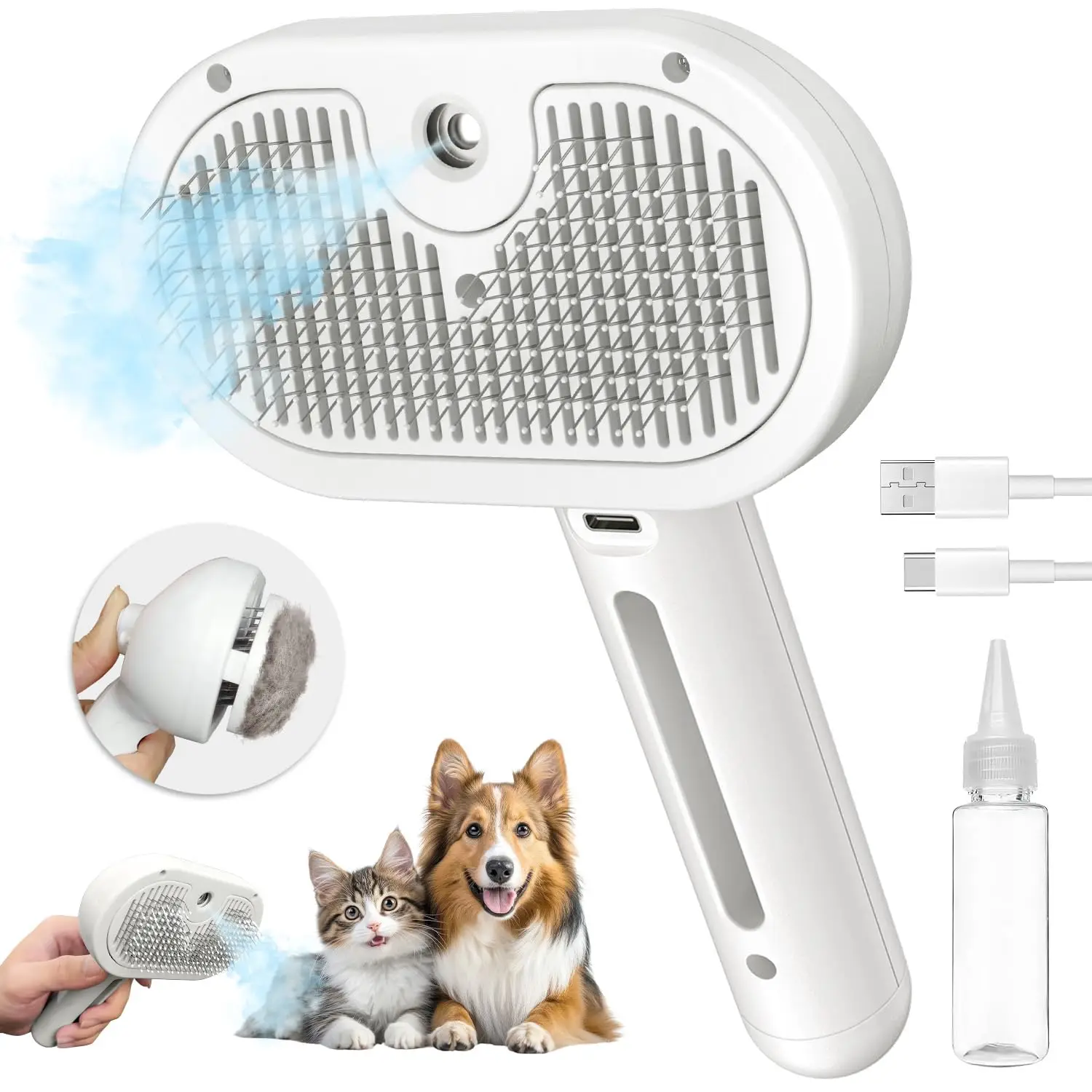 Steam Cat Brush for Shedding - 3 In 1 Self Cleaning Dog Brush for Long & Short Hair Dogs & Cats, White
